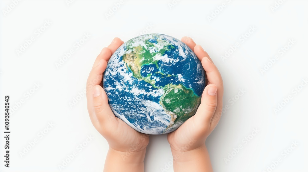 child's hands cradling Earth with clear sky background, emphasizing ecology and peace for future generations child's hands cradling Earth with clear sky background, emphasizing ecology and peace for future generations