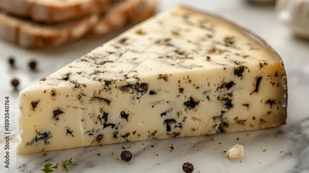 Unique cheese variety with herbs and spices showcased on marble table amidst rustic bread slices. Generative AI Unique cheese variety with herbs and spices showcased on marble table amidst rustic bread slices. Generative AI