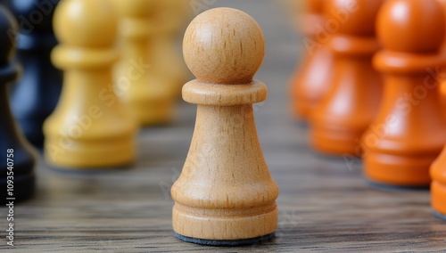 Detailed close up of wooden chess pawn piece with blurred colorful pawns in background, symbolizing strategy and leadership concept