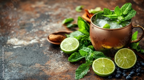 Refreshing Mint Lime Cocktail with Blueberries and Cinnamon Sticks photo