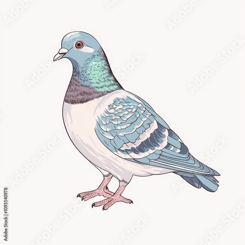 A colorful illustration of a pigeon with distinct blue and white feathers, showcasing intricate patterns and a charming posture. photo