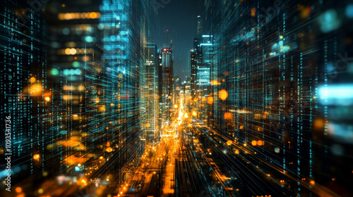 Wallpaper Mural futuristic cityscape at night, filled with glowing neon lights and streams of binary-like data overlaying the skyline, evoking a high-tech, cyberpunk aesthetic and urban innovation Torontodigital.ca