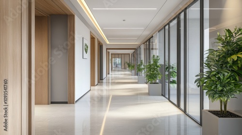 Modern office hallway with plants and natural light.