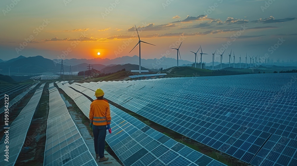 Obraz premium Sunrise over a solar farm with wind turbines highlighting sustainable energy solutions. Generative AI