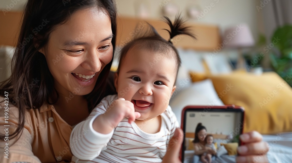 Mother and baby bonding on the couch with a smartphone, connecting and enjoying a happy moment together at home Mother and baby bonding on the couch with a smartphone, connecting and enjoying a happy moment together at home
