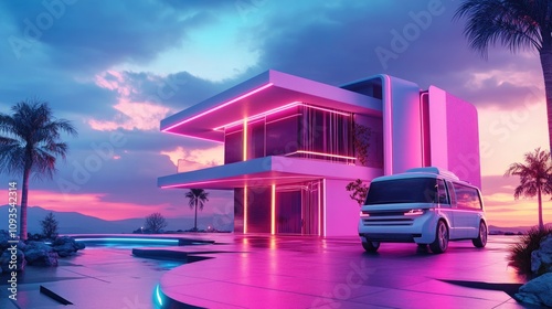 Futuristic Neon House With Electric Vehicle At Sunset photo