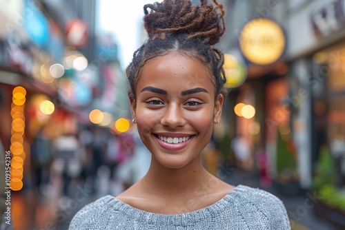 Smiling African American Teen Girl with Friendly Expression Downtown