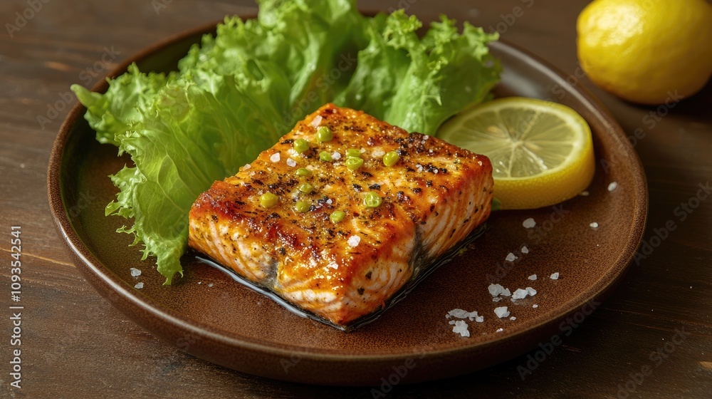 Grilled salmon fillet with lemon and lettuce on a dark plate. (1) Grilled salmon fillet with lemon and lettuce on a dark plate. (1)