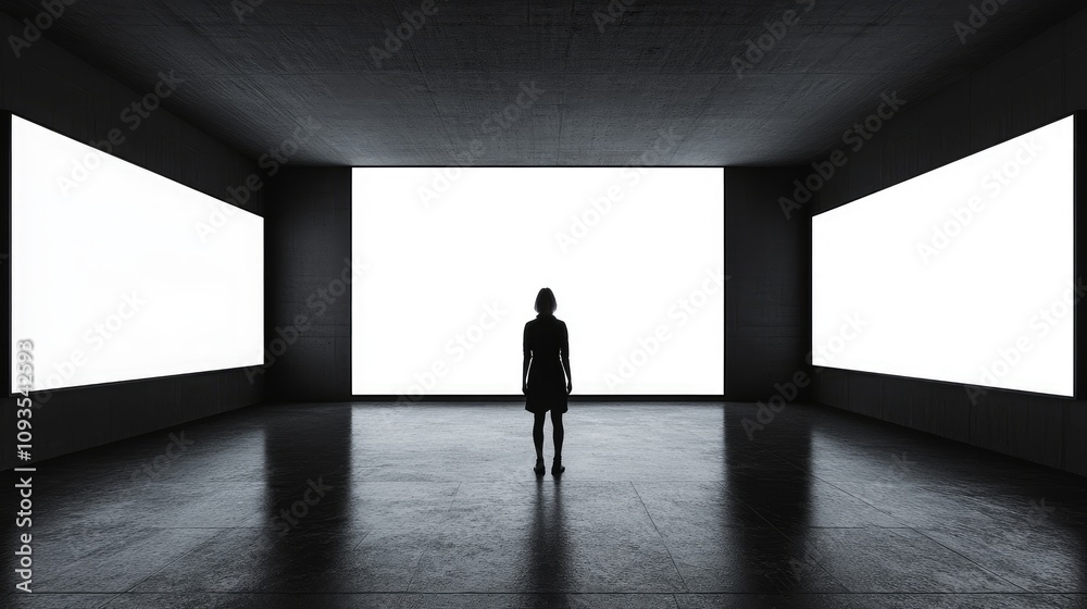 Obraz premium Woman Silhouetted Against Bright White Screens In Dark Room