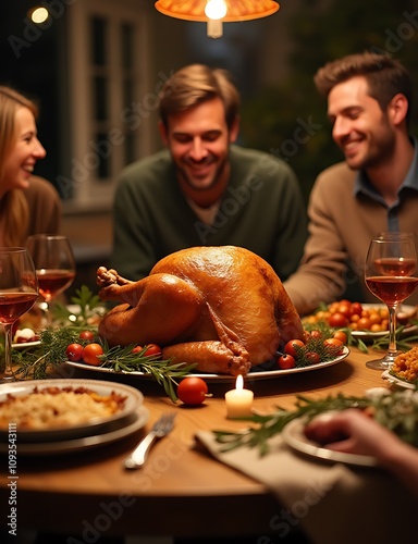 The family gathered around a deliciously roasted turkey served at their annual festive Thanksgiving dinner.