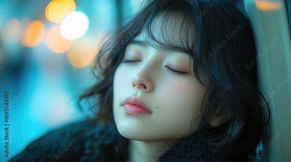 A serene young woman resting with closed eyes, surrounded by soft, blurred lights. A serene young woman resting with closed eyes, surrounded by soft, blurred lights.