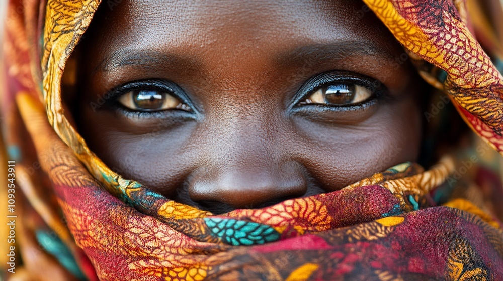 Close-up portrait of a woman's face partially covered by a colorful headscarf. Close-up portrait of a woman's face partially covered by a colorful headscarf.