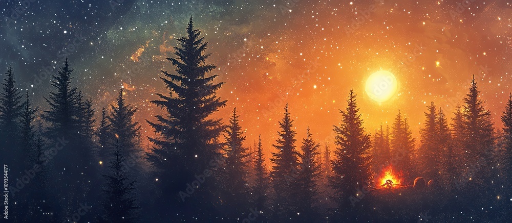 Campfire in a Snowy Pine Forest Under a Starry Sky Campfire in a Snowy Pine Forest Under a Starry Sky