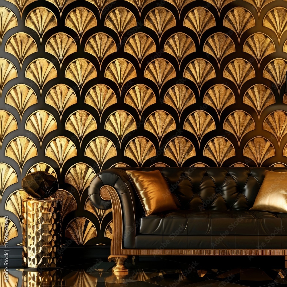 Obraz premium Art Deco wallpaper featuring a refined golden interior pattern with a sofa