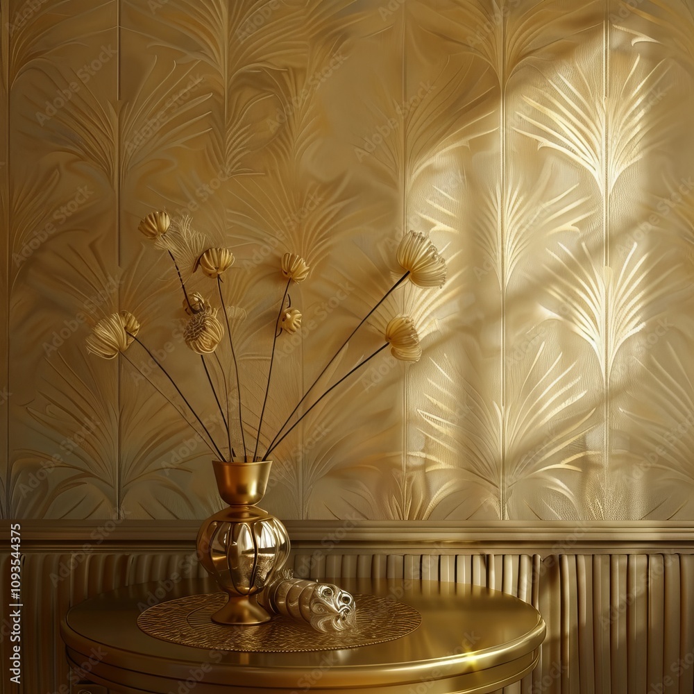 Art Deco wallpaper featuring a refined golden pattern and flowers in the golden vase Art Deco wallpaper featuring a refined golden pattern and flowers in the golden vase