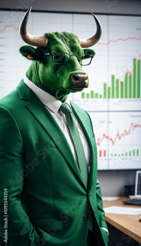 illustration of green bull in business suit with stock chart behind him