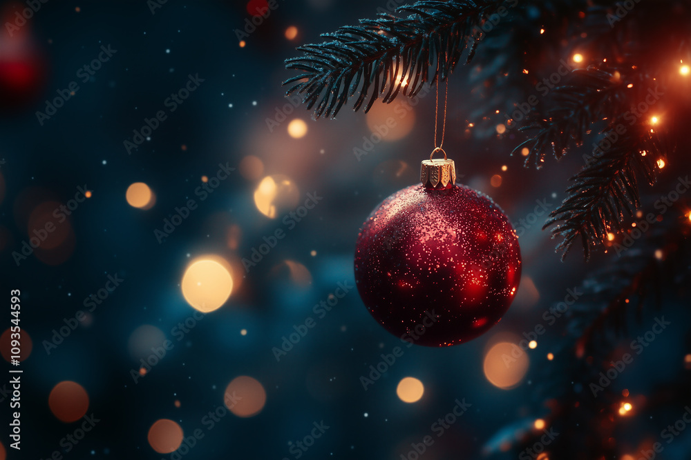 Shimmering Red Christmas Bauble on Tree with Golden Bokeh Lights Shimmering Red Christmas Bauble on Tree with Golden Bokeh Lights