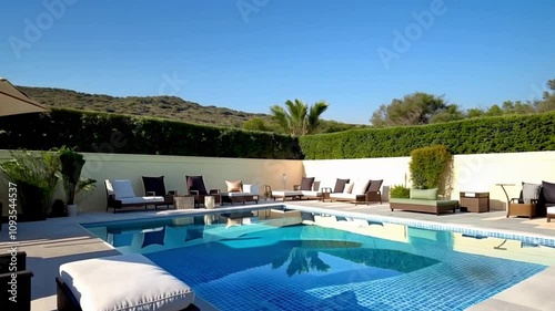 A fresh and comfortable outdoor living room with a swimming pool, captured in a smooth looping video. Perfect for showcasing furniture in a serene, inviting setting.