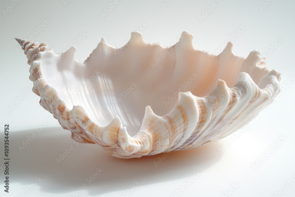 A single white shell placed on a white surface, ideal for use in product or still life photography A single white shell placed on a white surface, ideal for use in product or still life photography