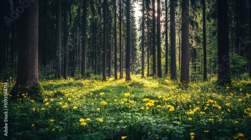 Sunlit Forest Path With Yellow Wildflowers Blooming