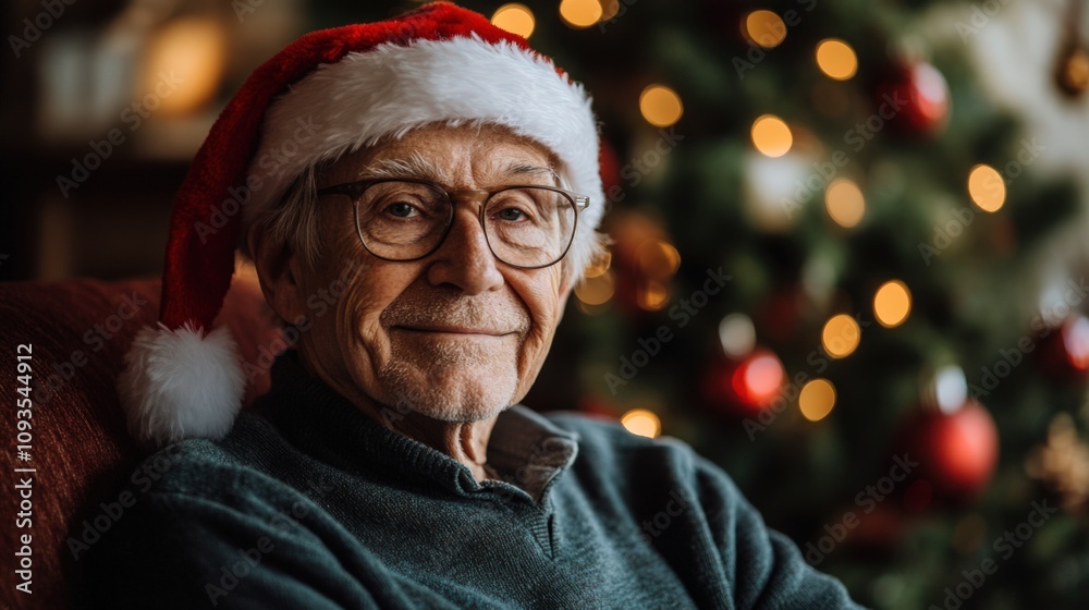 Joyful Elderly Man in Santa Hat Amidst Festive Christmas Decor Joyful Elderly Man in Santa Hat Amidst Festive Christmas Decor