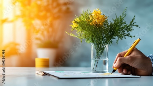 An individual sketching artistic designs with a yellow pen near a blooming floral setup, capturing inspiration, creativity, and the beauty of nature's simplicity. photo