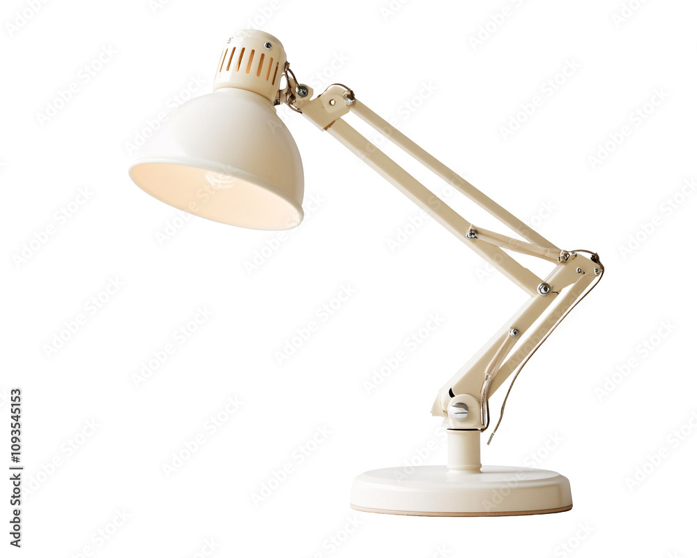 a white desk lamp with a light on a white desk lamp with a light on