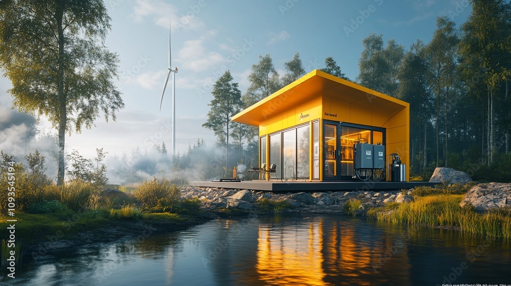 Obraz premium Modern yellow cabin by lake with wind turbine.
