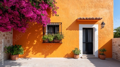 A stunning exterior shot of a bright orange wall highlighted by vibrant purple flowers in full bloom, showcasing a vivid contrast of colors and the essence of summer.