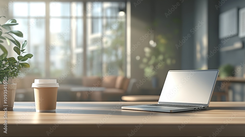 A serene workspace with a laptop and coffee in a sunlit environment. A serene workspace with a laptop and coffee in a sunlit environment.