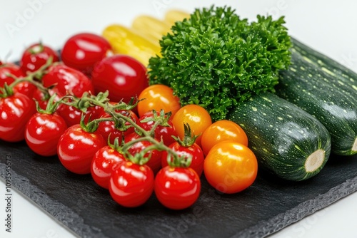 A collection of fresh vegetables including tomatoes and zucchini photo