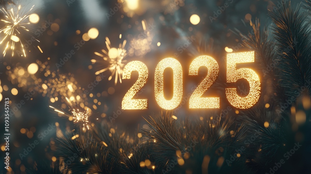 Glowing 2025 amidst fireworks and pine.