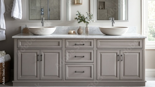 Elegant Double Vanity With Marble Top And Gray Cabinets