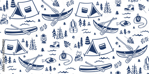 Seamless vector repeating pattern in hiking, camping outdoors theme in navy and white. Tonal lake life, woodland background with tents, canoes and oars, backpacks, trees, fish, hiking boots