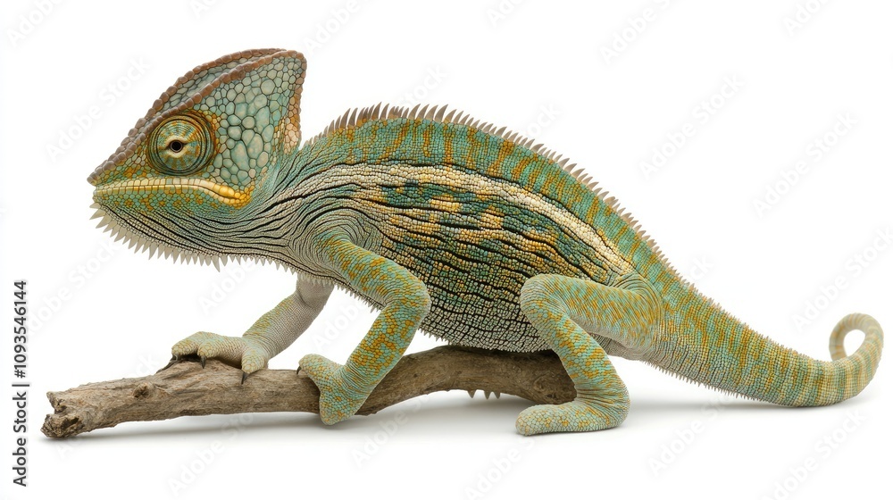 Obraz premium Green chameleon perched on a branch against a white background.