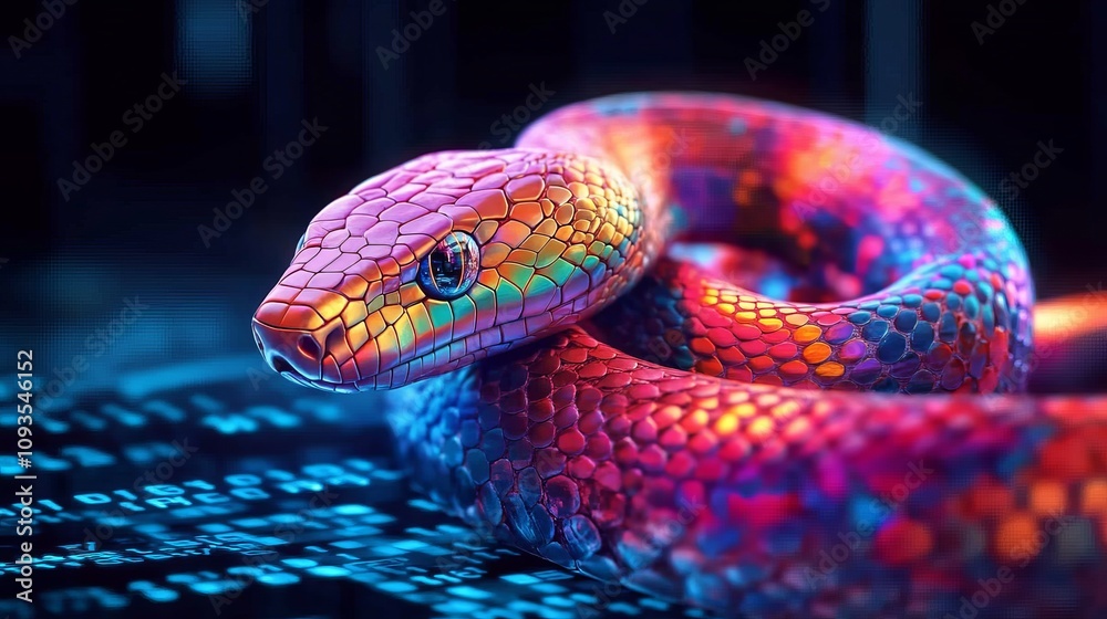A stunning snake displaying an array of radiant hues rests peacefully. Its reflective scales create a captivating effect, combining reptilian beauty and artistry. A stunning snake displaying an array of radiant hues rests peacefully. Its reflective scales create a captivating effect, combining reptilian beauty and artistry.