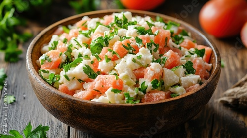 Fresh and Colorful Salad with Tomatoes and Feta in Wooden Bowl