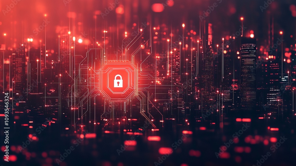 A digital padlock glows in a matrix of red lights, symbolizing cybersecurity and protection, set against a stylized futuristic cityscape, representing technological advancement. A digital padlock glows in a matrix of red lights, symbolizing cybersecurity and protection, set against a stylized futuristic cityscape, representing technological advancement.