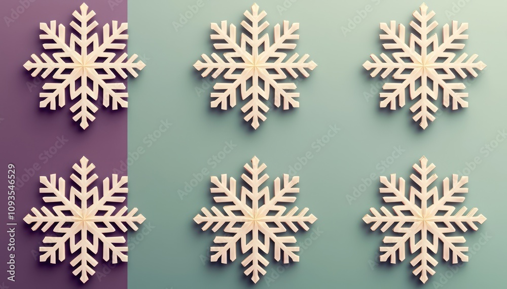 symmetrical geometric snowflakes in soft gold, placed on a plum and sage green background, arranged in a sophisticated pattern with 3D gradients for a stylish holiday banner symmetrical geometric snowflakes in soft gold, placed on a plum and sage green background, arranged in a sophisticated pattern with 3D gradients for a stylish holiday banner