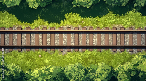 Railway track top view. Railway on green background