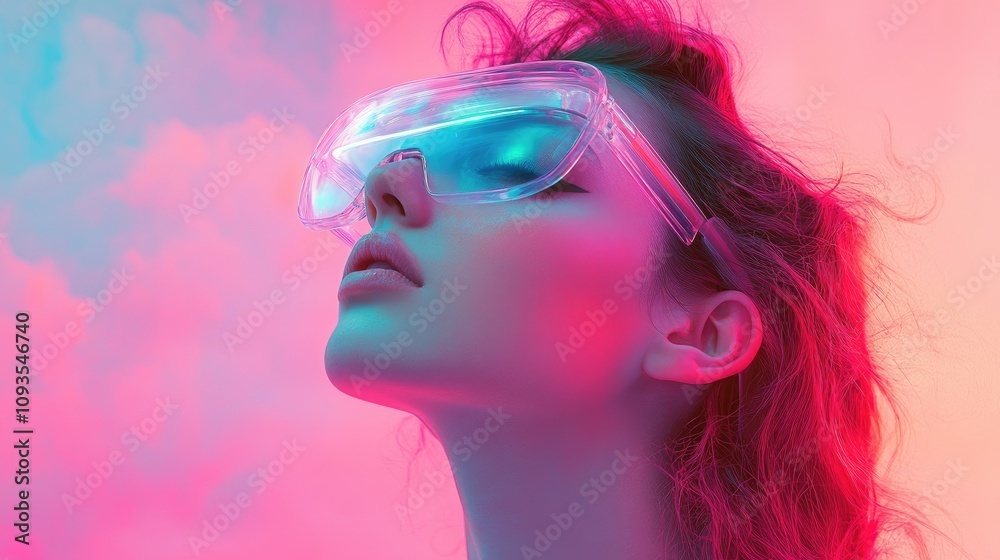Woman Wearing Futuristic Transparent Glasses Neon Light Woman Wearing Futuristic Transparent Glasses Neon Light