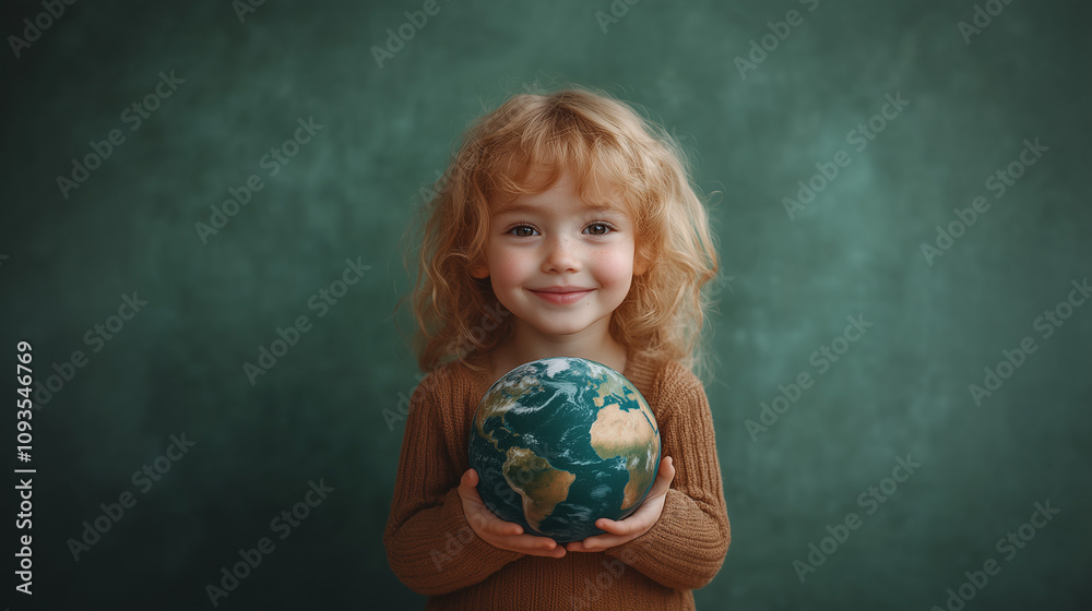 A child playing with a model of planet Earth on light green background; symbolizing environmental education, preservation and green life A child playing with a model of planet Earth on light green background; symbolizing environmental education, preservation and green life