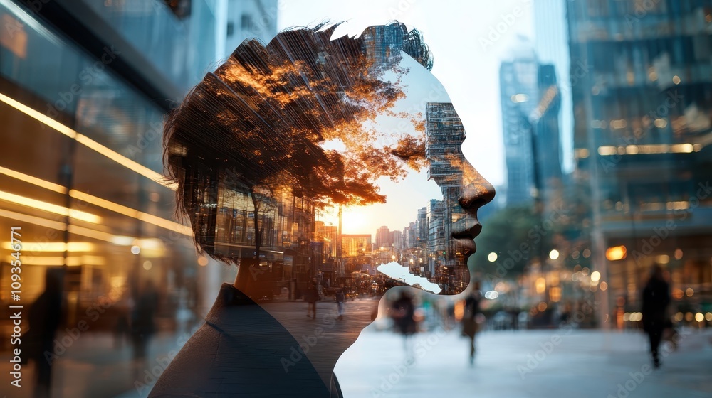 A creative silhouette image fusing a cityscape with a nature scene, showcasing urban and natural elements in a harmonious blend, embodying duality and unity.