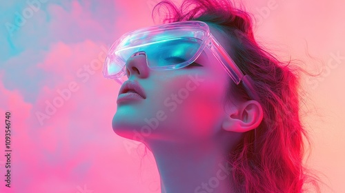 Woman Wearing Futuristic Transparent Glasses Neon Light