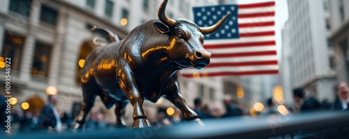Close-up of the Bull statue on with the American flag in the background. Iconic symbol of financial strength and optimism in a bustling city environment.