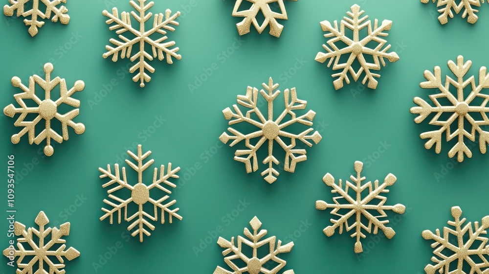 Symmetrical geometric snowflakes in soft gold, arranged on an emerald green background with subtle gradients for a polished 3D effect, sophisticated and festive Symmetrical geometric snowflakes in soft gold, arranged on an emerald green background with subtle gradients for a polished 3D effect, sophisticated and festive
