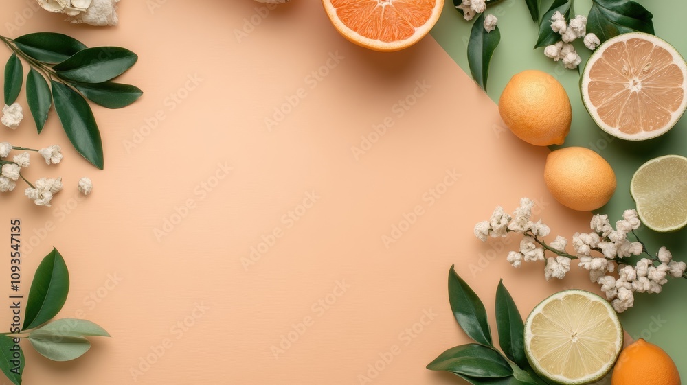 Fresh citrus fruits and floral arrangement on pastel background Fresh citrus fruits and floral arrangement on pastel background