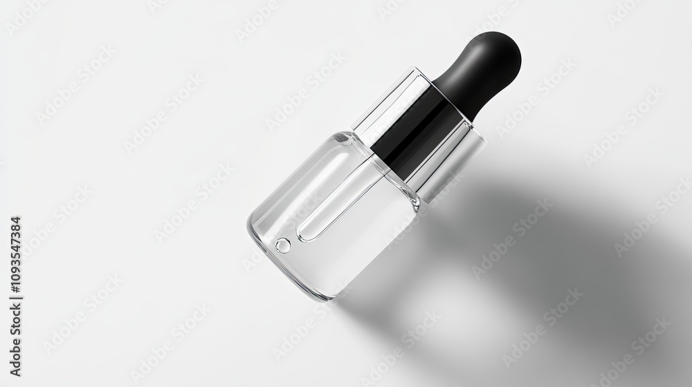 A sleek dropper bottle filled with facial serum, with a small droplet suspended on the tip, on white. A sleek dropper bottle filled with facial serum, with a small droplet suspended on the tip, on white.