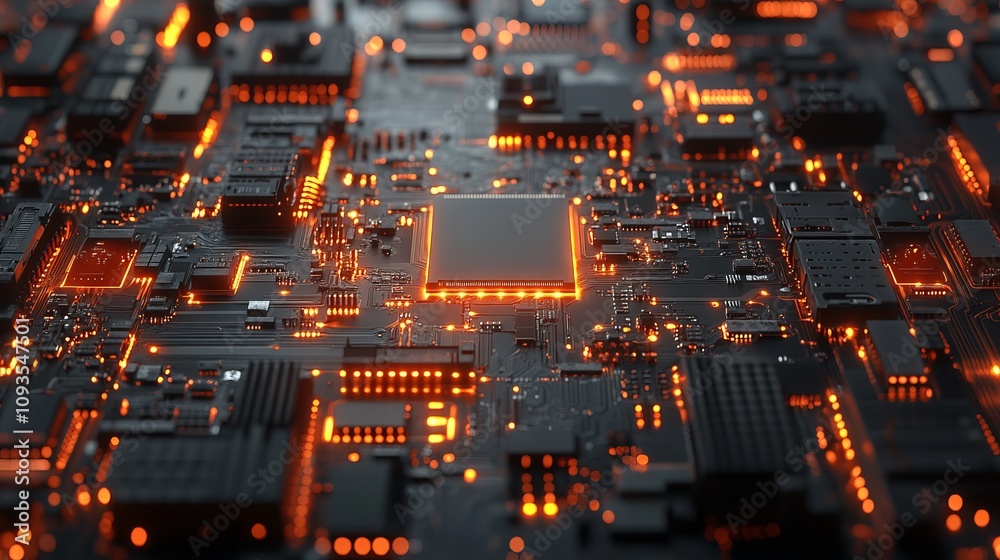 A detailed view of a circuit board with glowing orange highlights, representing technological advancement and innovation in a dynamic and complex micro-world. A detailed view of a circuit board with glowing orange highlights, representing technological advancement and innovation in a dynamic and complex micro-world.