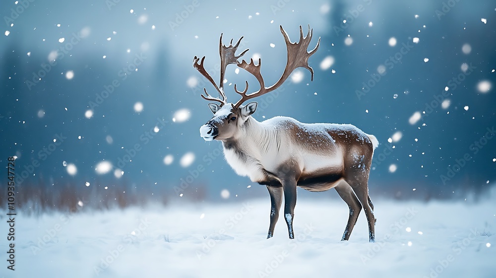 A single caribou standing against a backdrop of swirling snowflakes and a vast snowy wilderness
